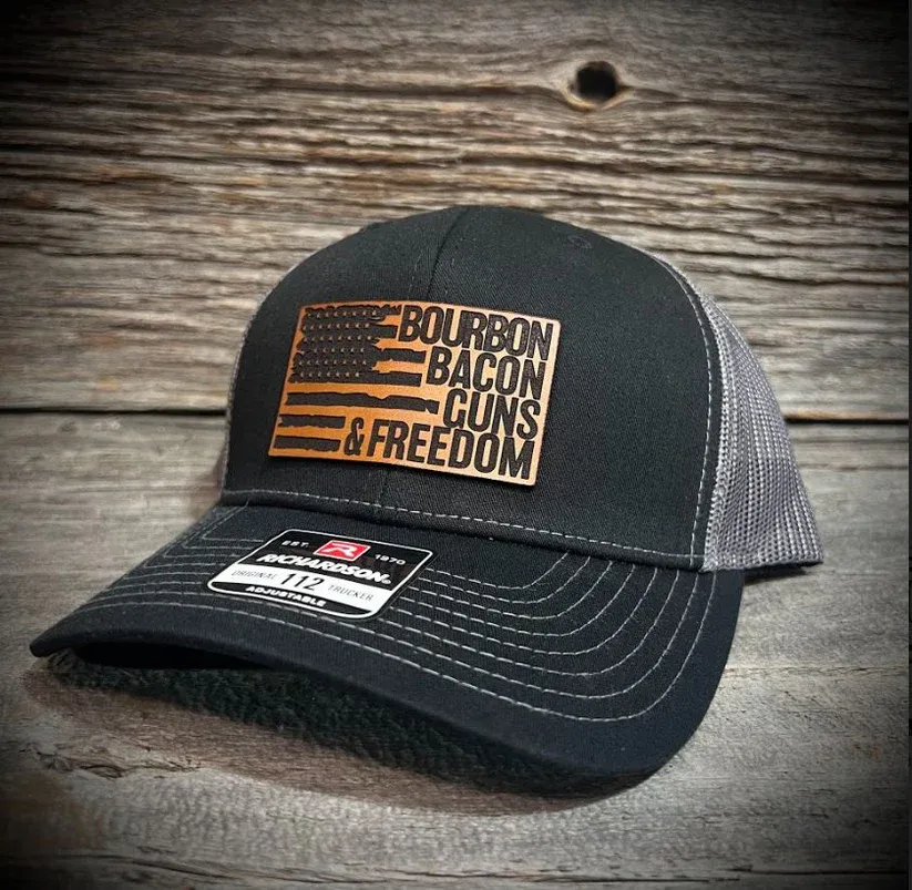 Bourbon, Bacon, Guns & Freedom hat. Brown Leather Patch (Various Colors) Must message me for color choice