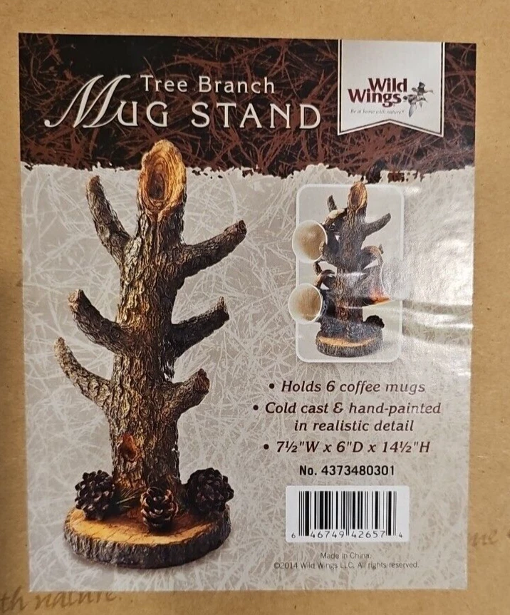 NIB Wild Wings, Tree Branch Mug Stand, Hand Painted in Realistic detail With 4 Mugs